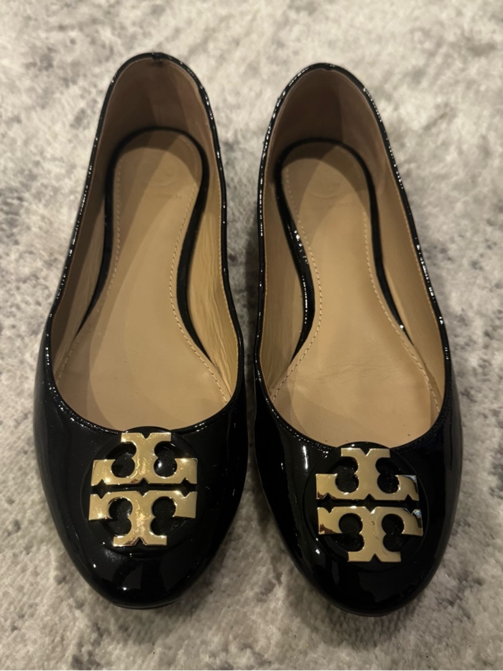 Tory Burch Black Patent Leather Logo Ballet Flats with Gold Emblem